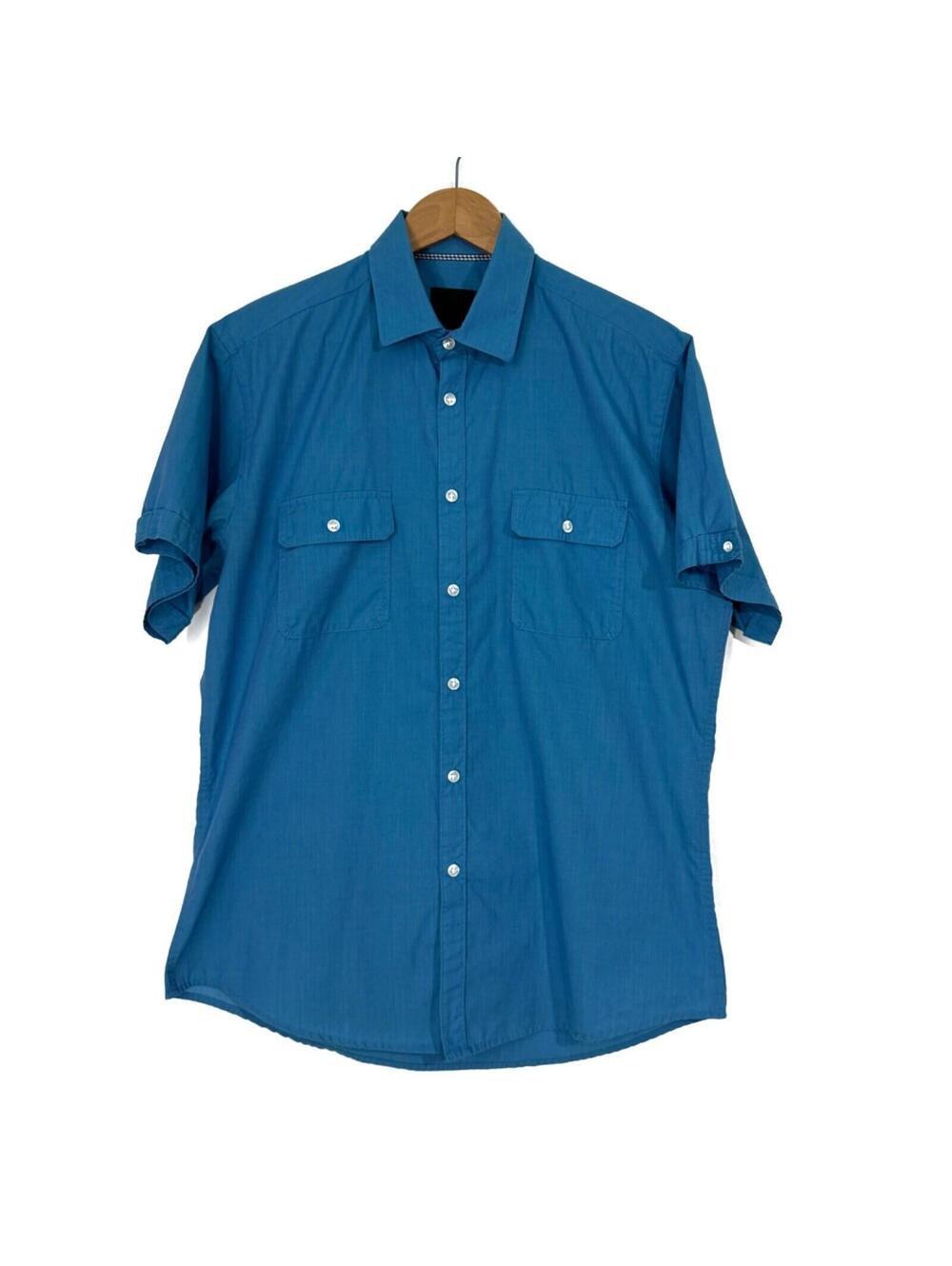 Nicole Miller Men’s Size Medium Solid Blue Collared Button Up Short Sleeve Shirt